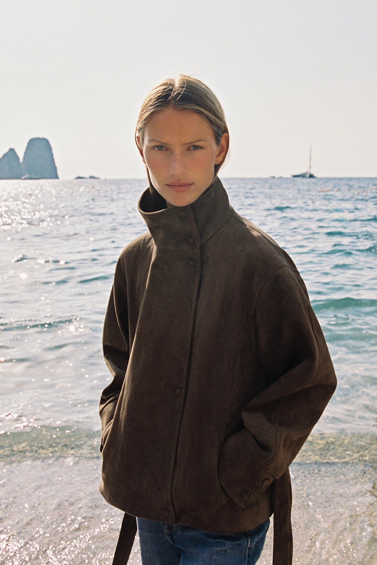 Dark Mink Dark Camel Faux Suede Stand Collar Belted Jacket View 8 | Velvyra Paris