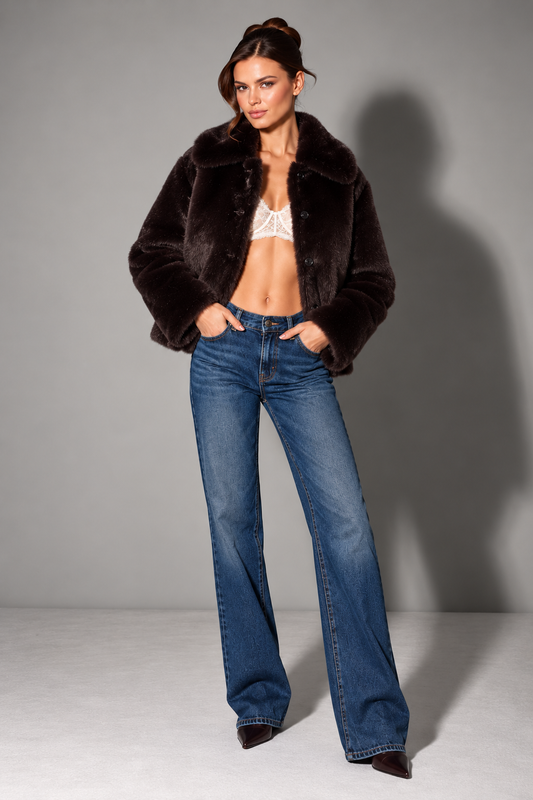 Deep Espresso Brown Reversible Faux Leather Faux Shearling Collar Jacket View 2 | Velvyra Paris
