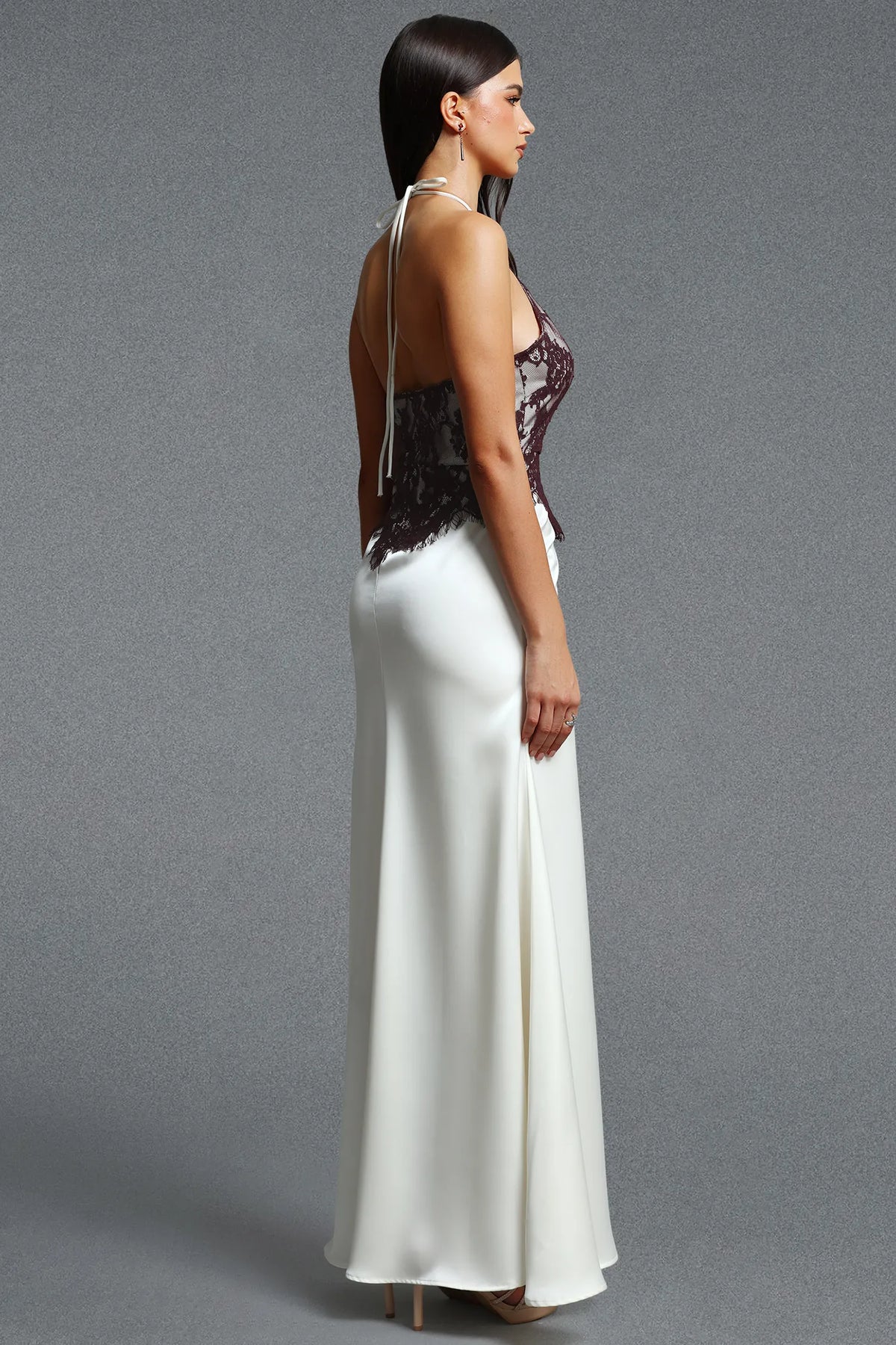 Laceveil | Halter Lace Appliqué Cut-Out Satin Maxi Dress
