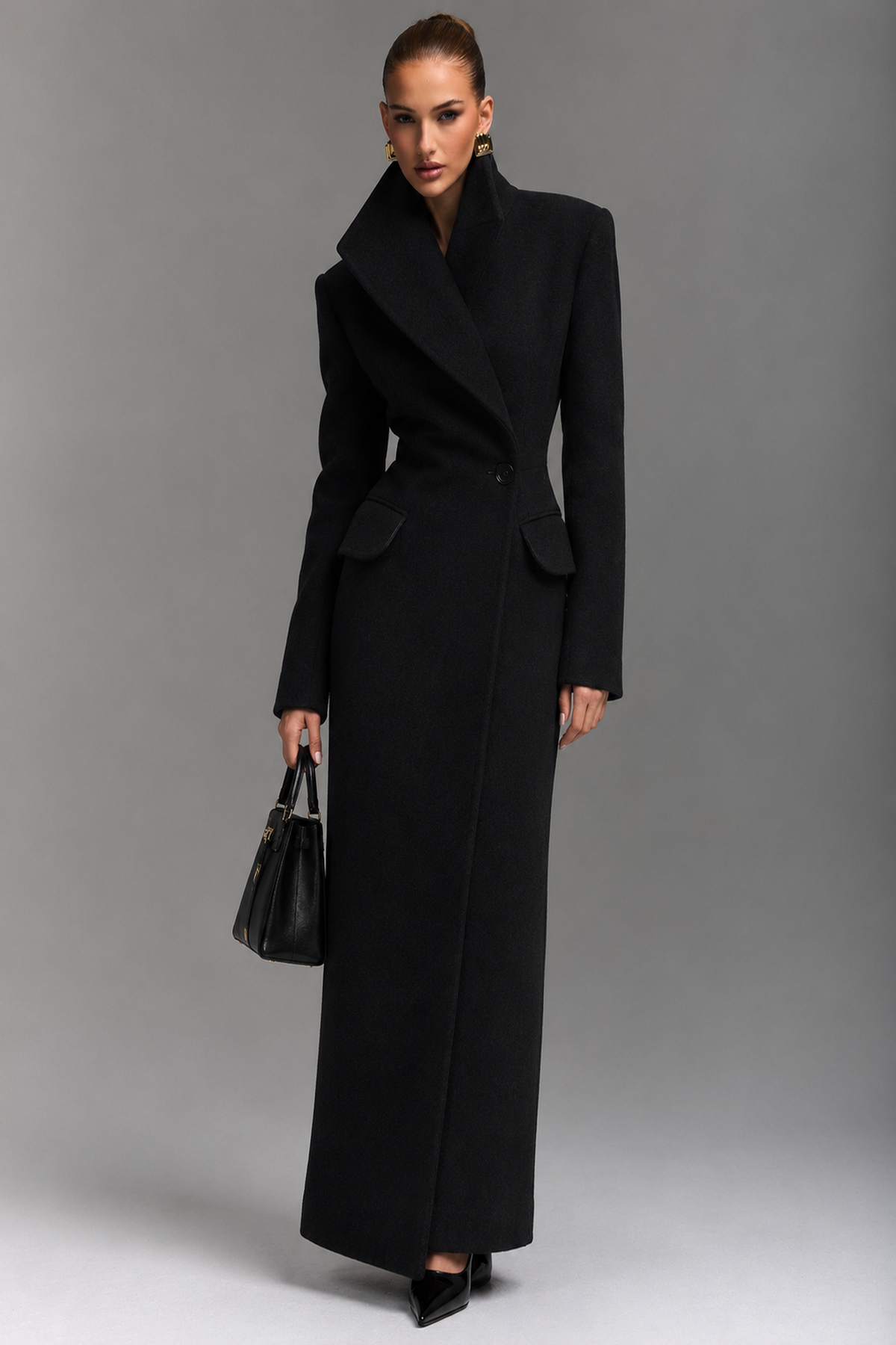 Black Hourglass Longline Tailored Wool Blend Maxi Coat | Velvyra Paris