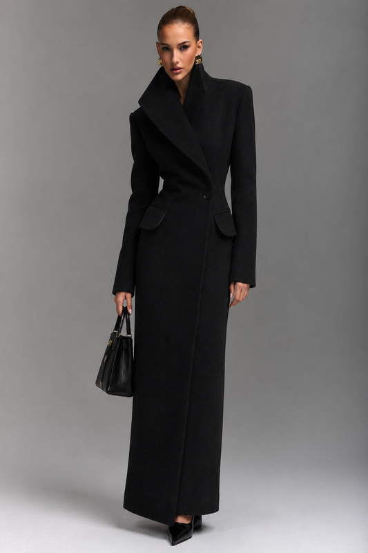 Black Hourglass Longline Tailored Wool Blend Maxi Coat | Velvyra Paris