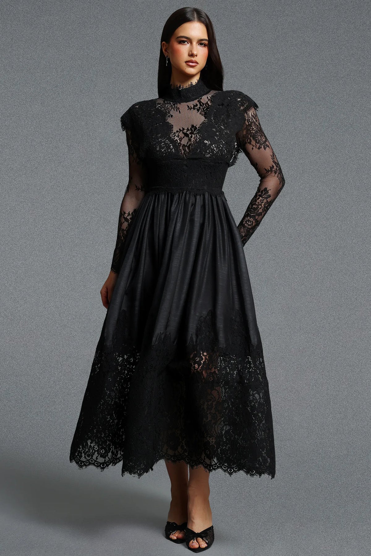 Nocturne | Long Sleeve Lace Embroidery A Line Midi Dress