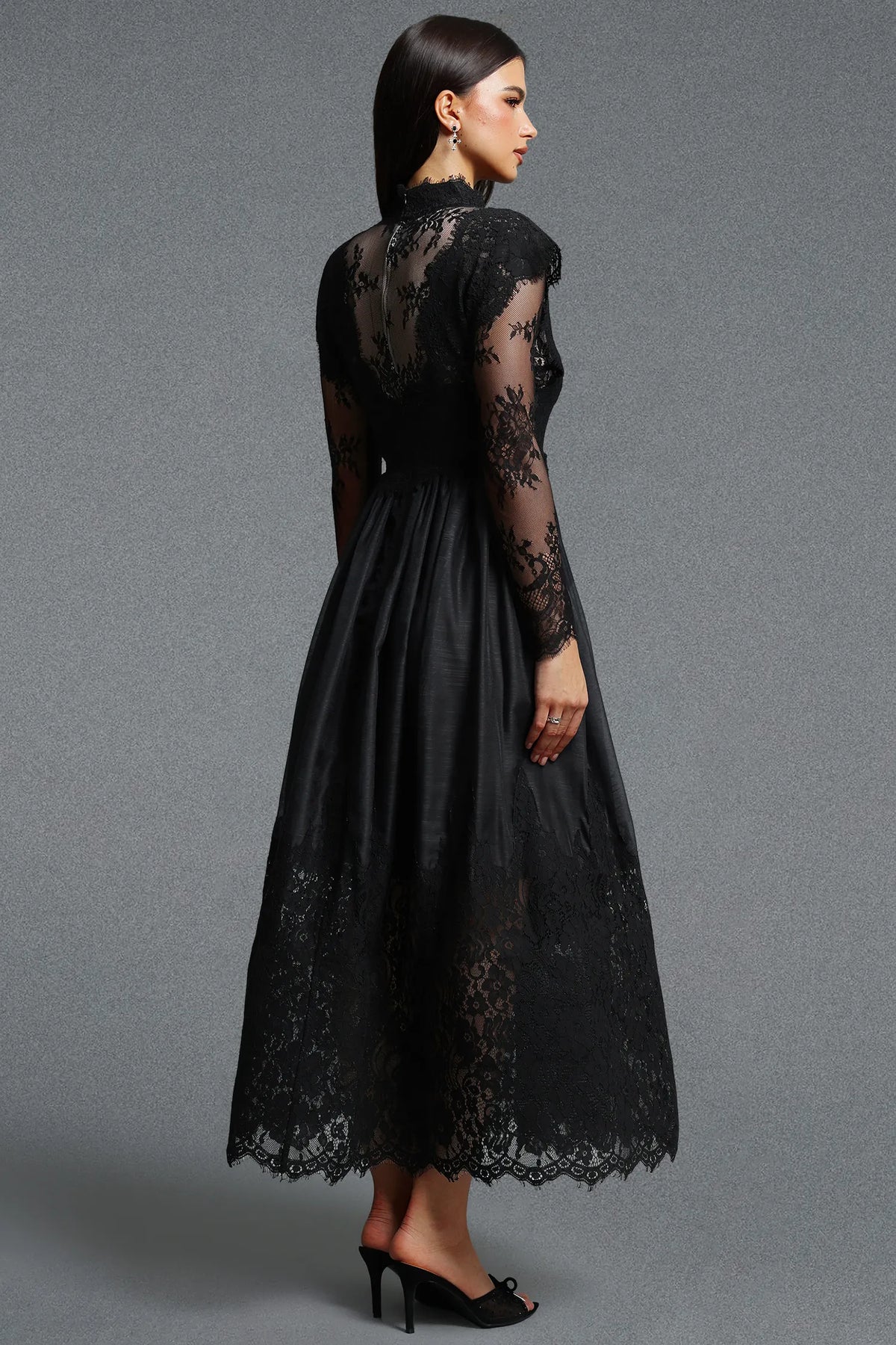 Nocturne | Long Sleeve Lace Embroidery A Line Midi Dress