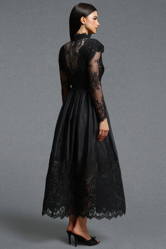 Black Long Sleeve Lace Embroidery A Line Midi Dress Back View | Velvyra Paris