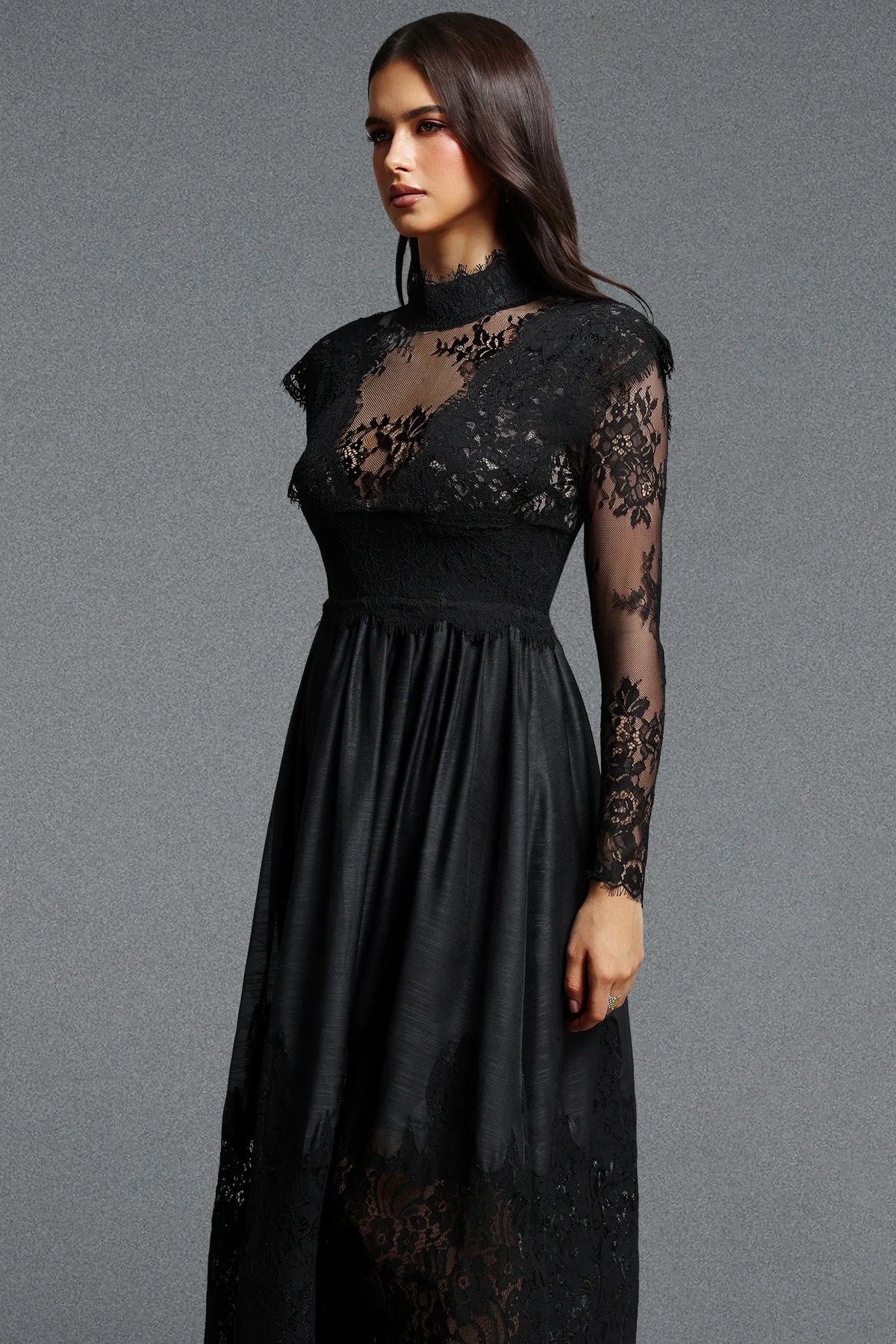 Nocturne | Long Sleeve Lace Embroidery A Line Midi Dress
