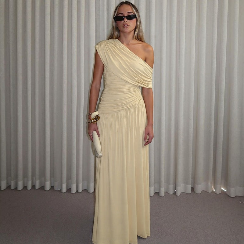 Sculpted Elegance Pleated One-Shoulder Dress in Solid Color