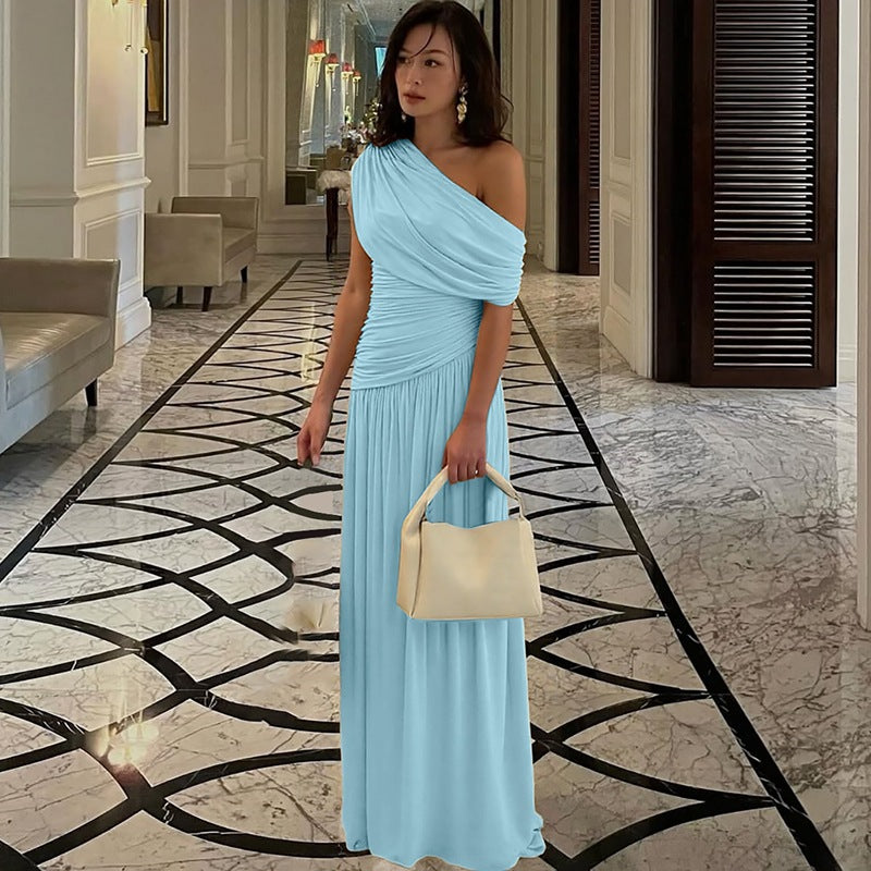 Sculpted Elegance Pleated One-Shoulder Dress in Solid Color