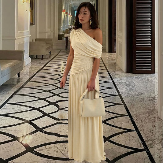 Sculpted Elegance Pleated One-Shoulder Dress in Solid Color
