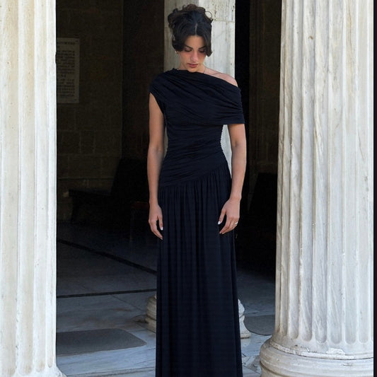 Sculpted Elegance Pleated One-Shoulder Dress in Solid Color