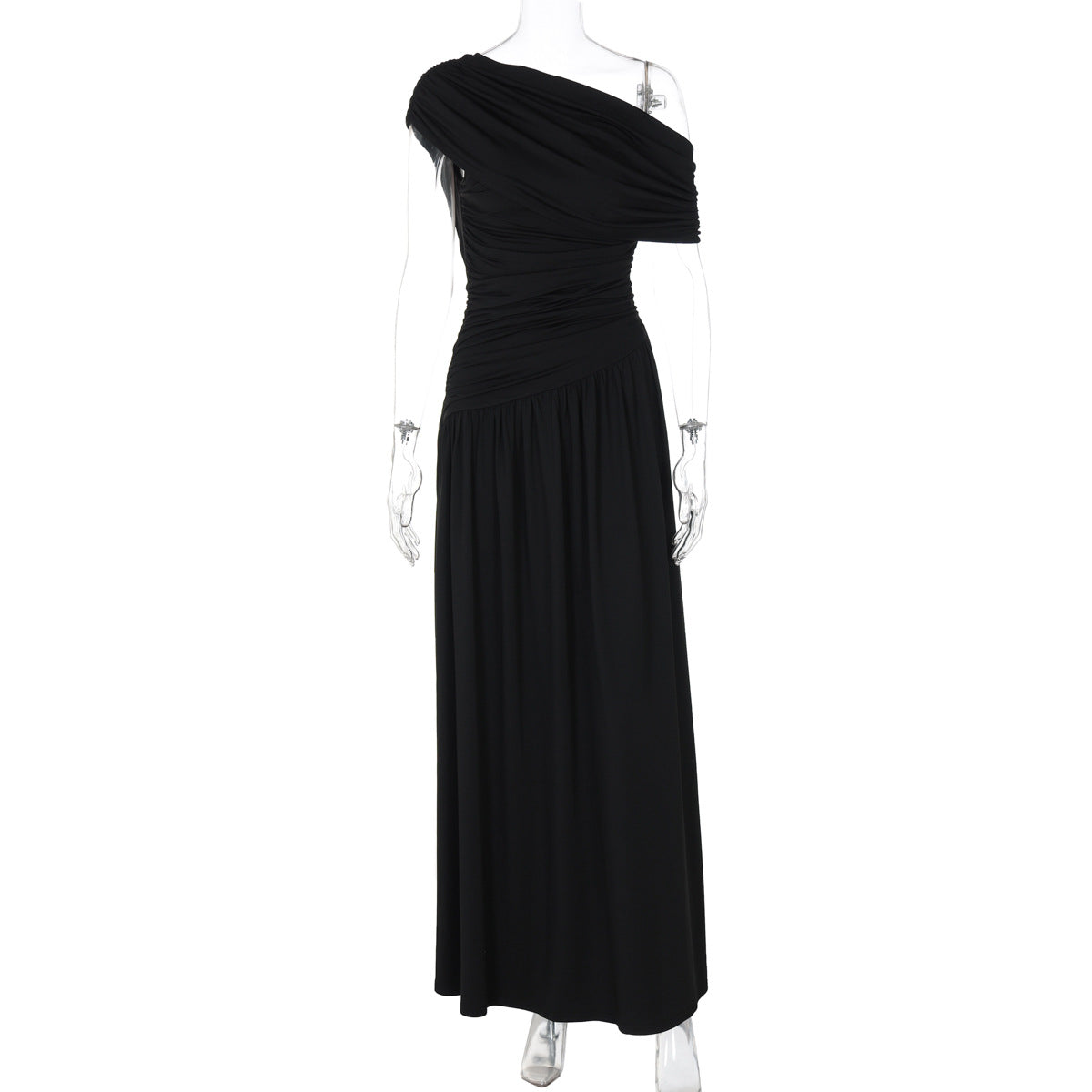 Sculpted Elegance Pleated One-Shoulder Dress in Solid Color