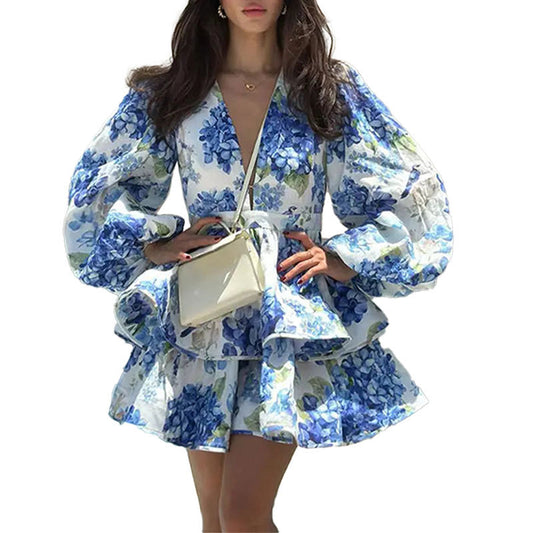 Flirty Printed Puff Sleeve V-Neck Mini Dress