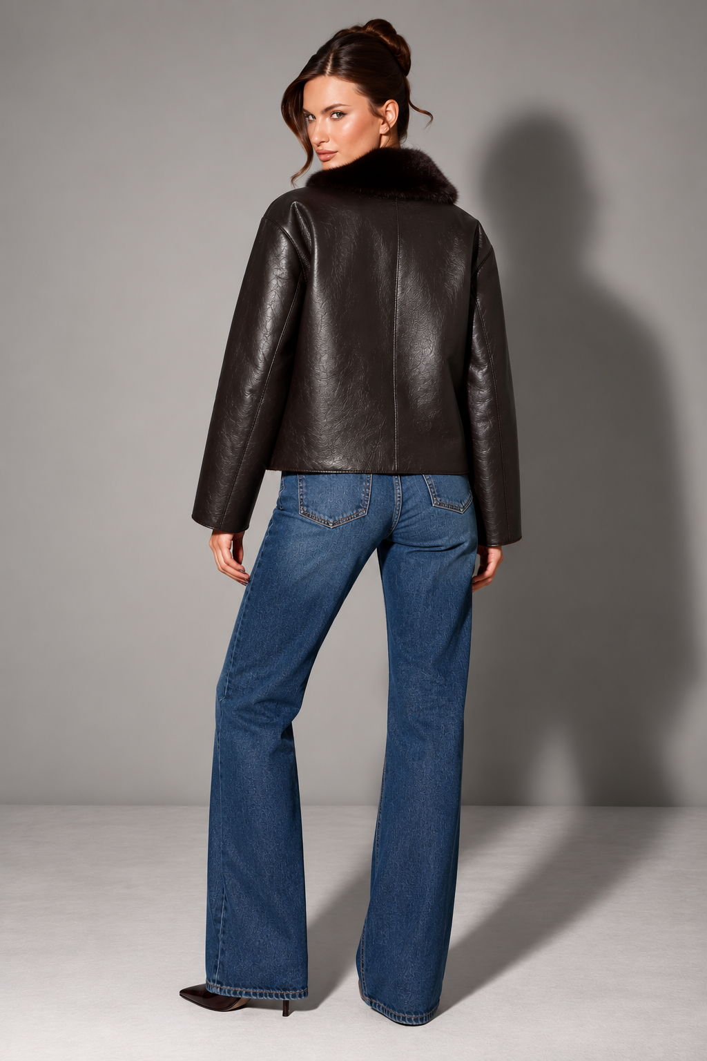 Deep Espresso Brown Reversible Faux Leather Faux Shearling Collar Jacket View 3 | Velvyra Paris