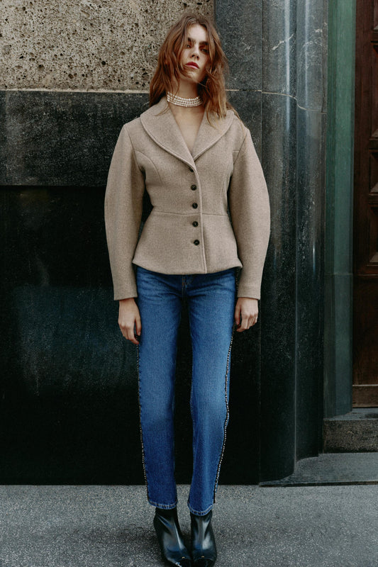 Oatmeal Herringbone Shawl Collar Cinched Waist Fishtail Jacket | Velvyra Paris