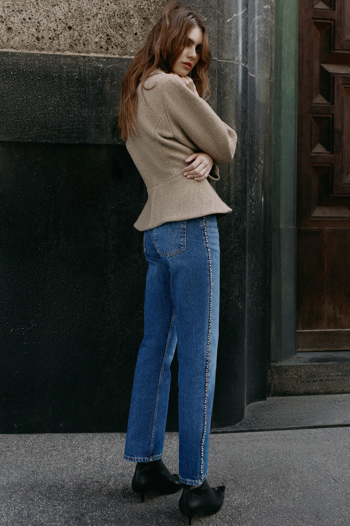 Oatmeal Herringbone Shawl Collar Cinched Waist Fishtail Jacket View 2 | Velvyra Paris