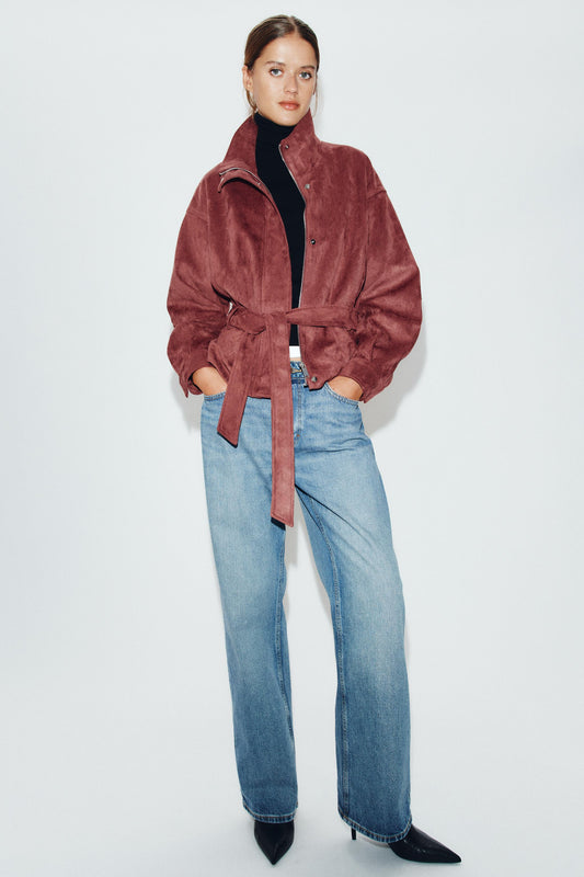 Marsala Red Faux Suede Belted Funnel Neck Zip Jacket | Velvyra Paris