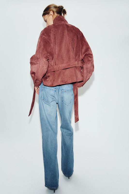 Marsala Red Faux Suede Belted Funnel Neck Zip Jacket View 2 | Velvyra Paris
