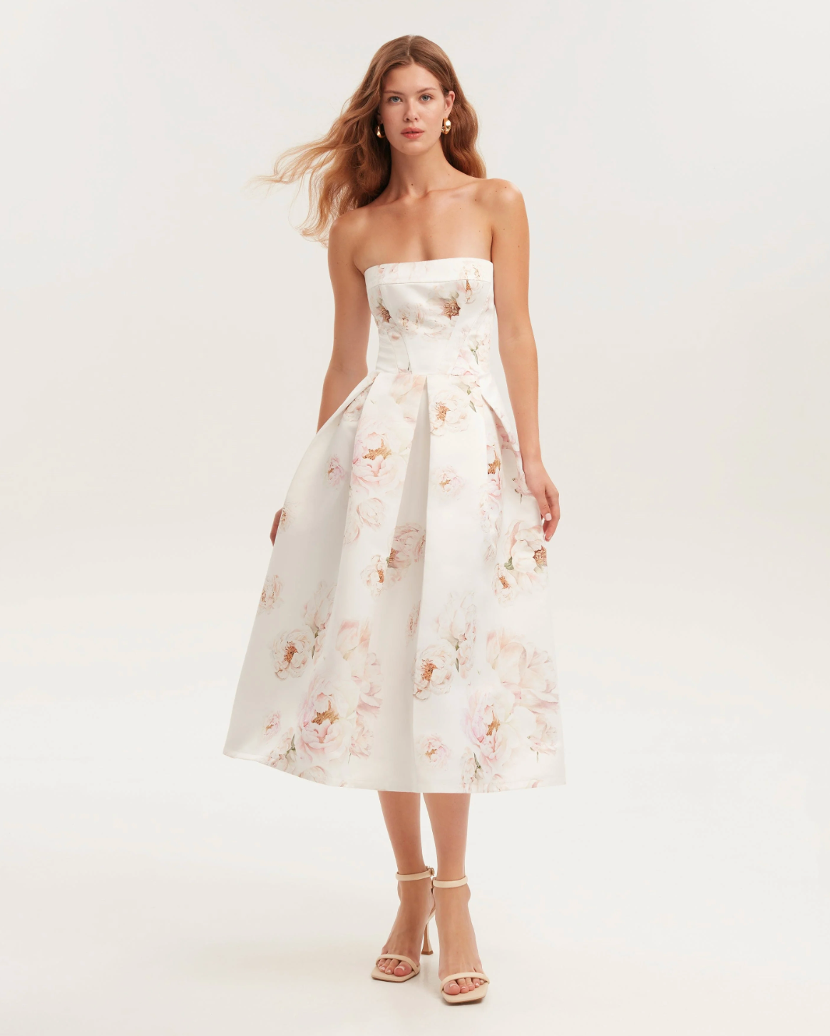 Aviary | Strapless Floral Bird Print Midi Dress