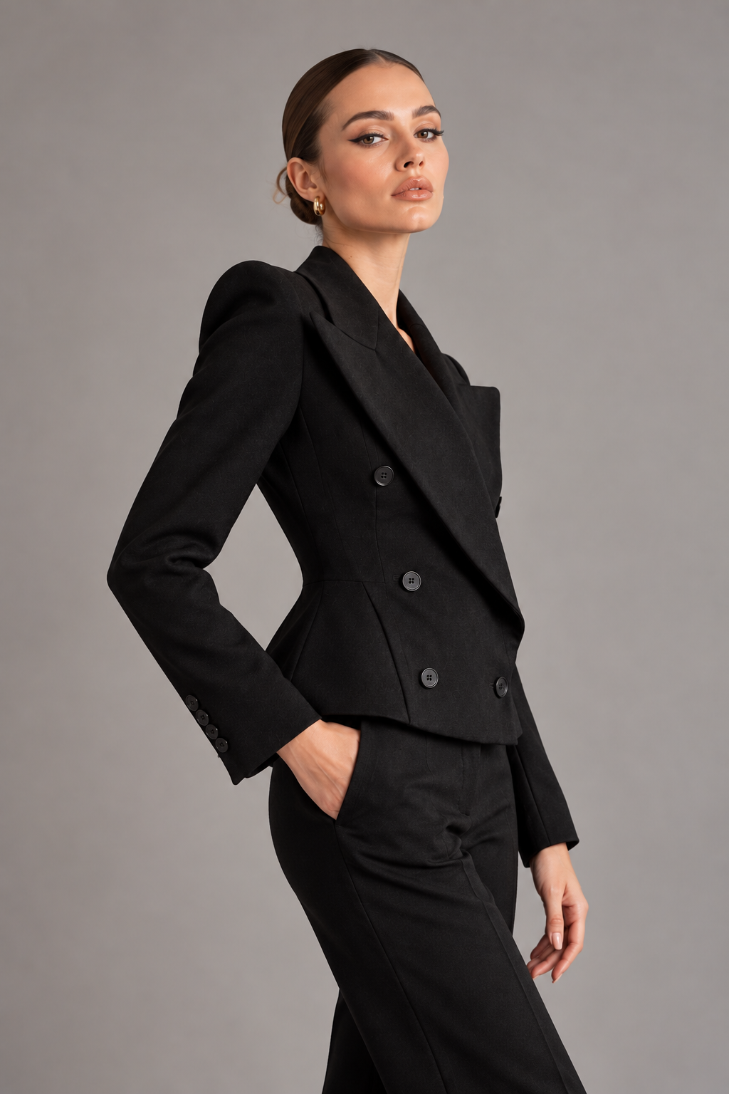Atelier | Sculpted Power Shoulder Double Breasted Wool Blend Blazer