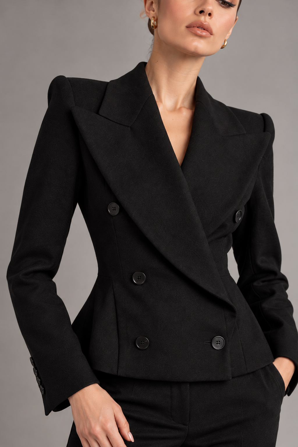 Atelier | Sculpted Power Shoulder Double Breasted Wool Blend Blazer