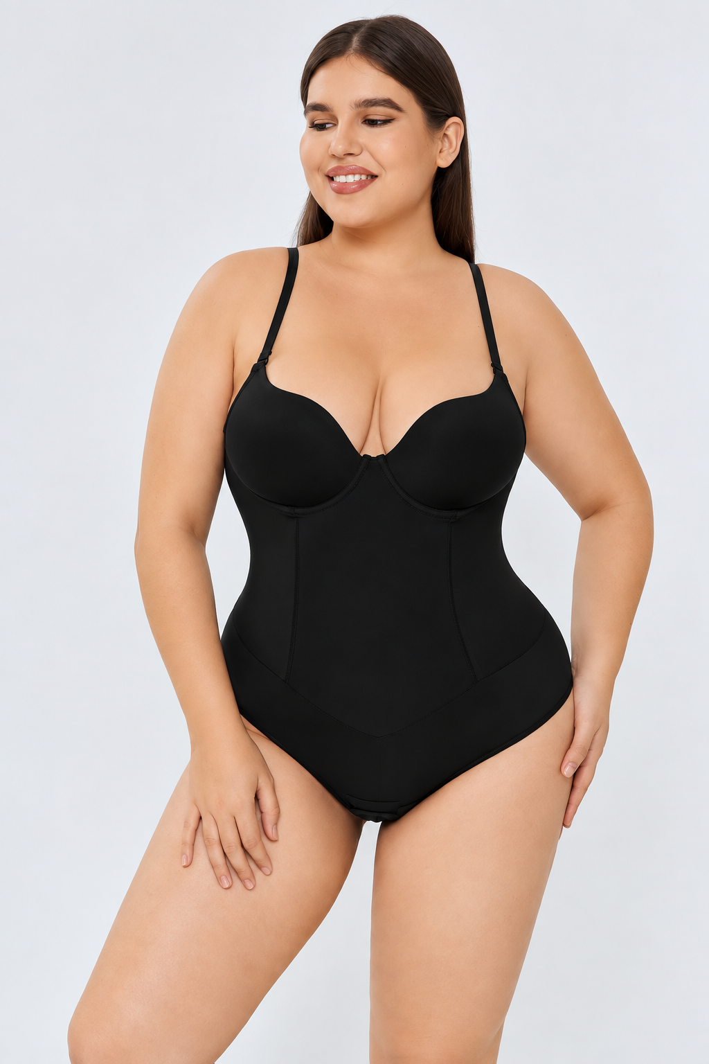 Black 3-Layer Tummy Control Bodysuit Bust Lift Hook Closure Side View | Velvyra Paris