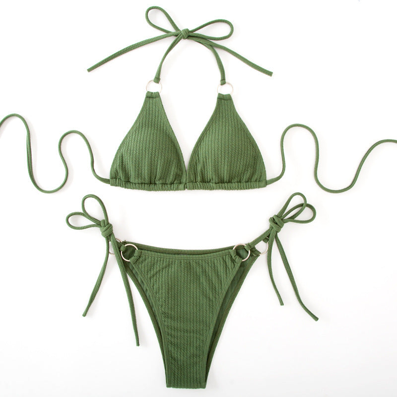 Conjunto de biquíni sexy de verão com amarração lateral e tanga estilo bandagem