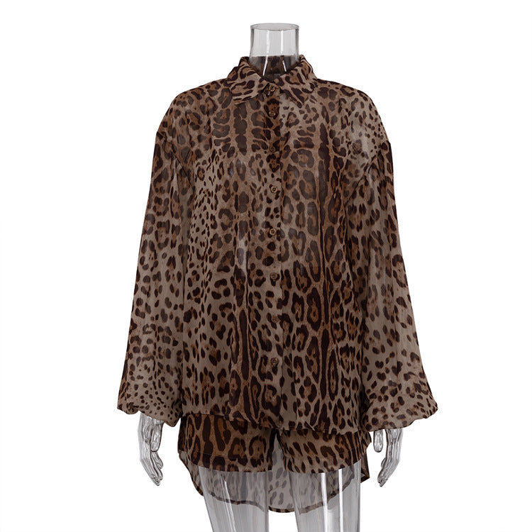 Wild & Chic Leopard Print Sheer Shirt and Shorts Set