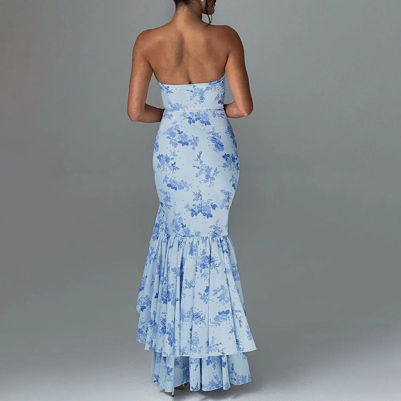 Floral Tube Top Dress with Ruffled Hem and Slit
