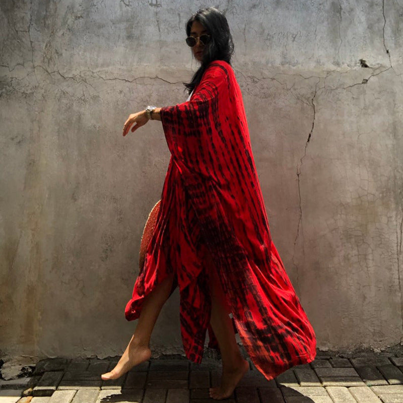 Saídas de biquíni Boho estampadas com franjas, cardigan longo tipo quimono, túnica