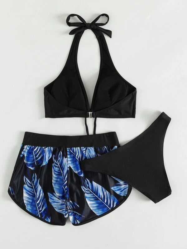 Biquíni com estampa de folhas e shorts 3 peças