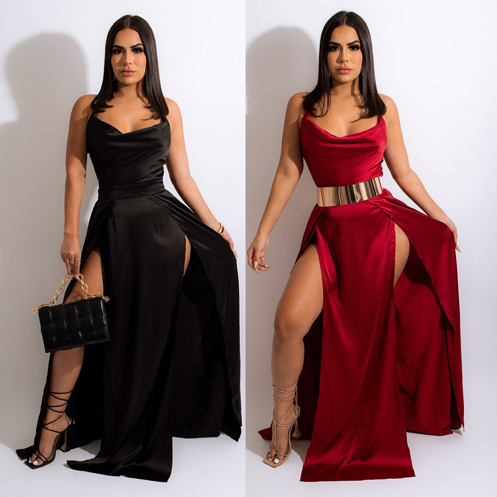 Elodie | Sling Backless Dress with Collar & Side Slit