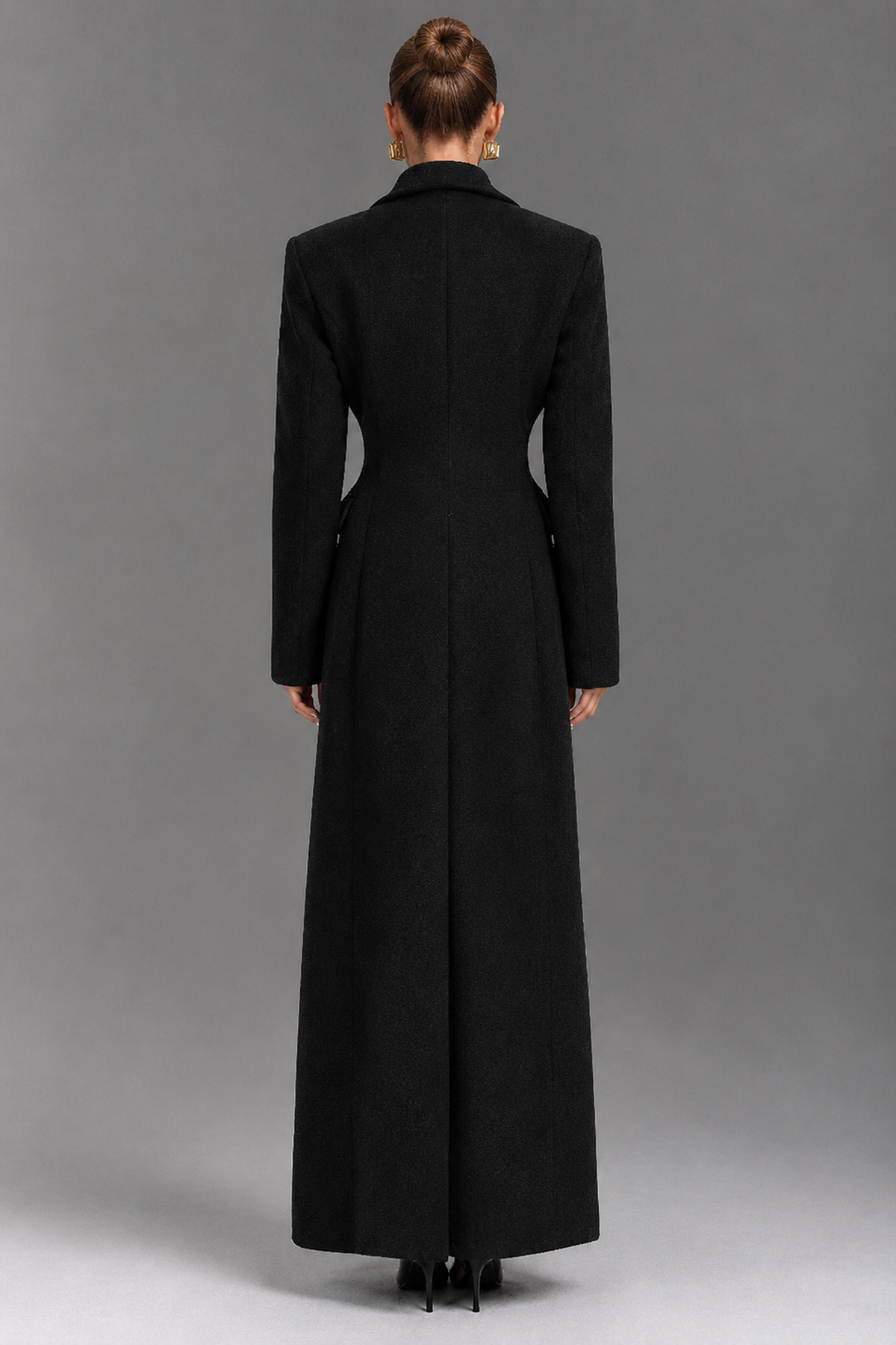 Black Hourglass Longline Tailored Wool Blend Maxi Coat Back View | Velvyra Paris
