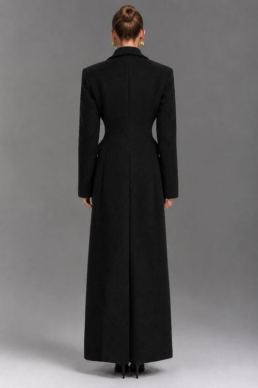Black Hourglass Longline Tailored Wool Blend Maxi Coat Back View | Velvyra Paris