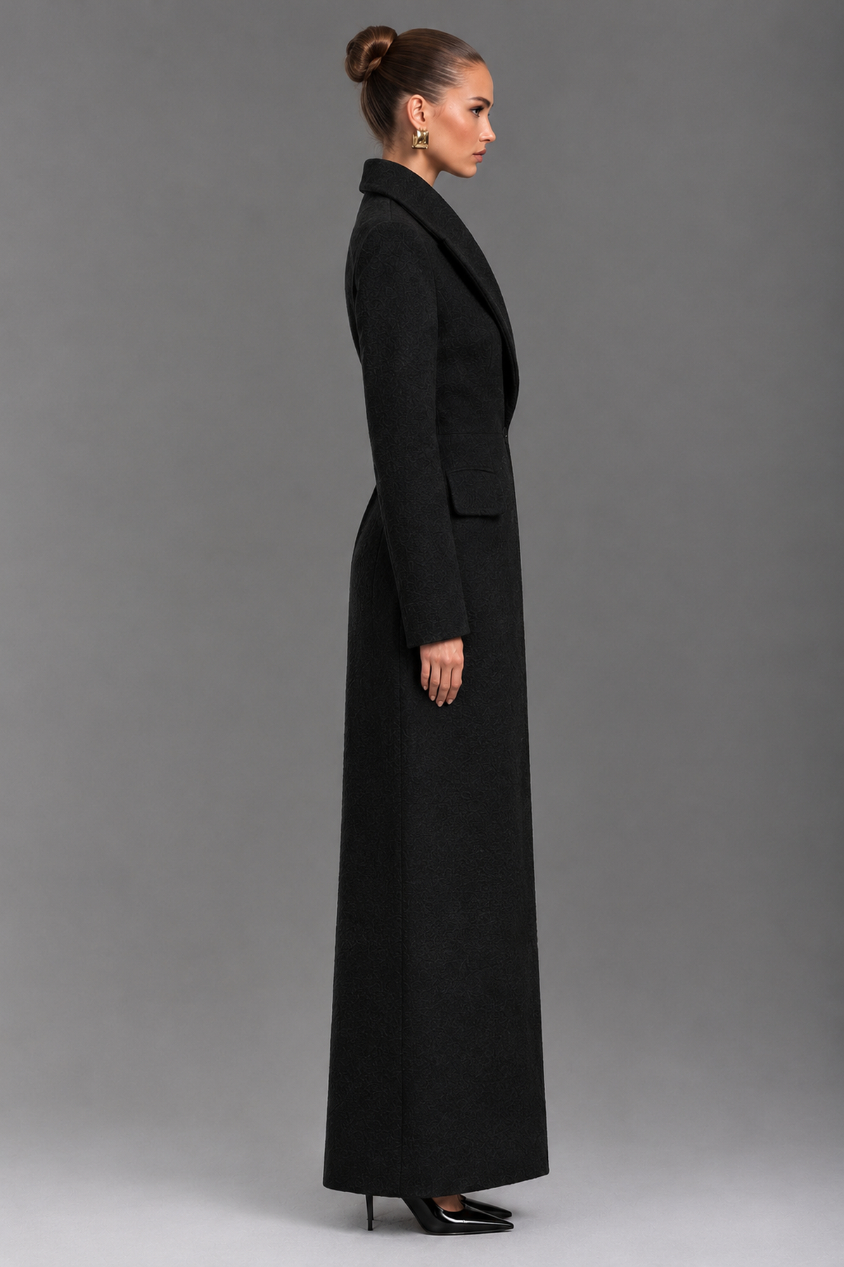 Black Hourglass Longline Tailored Wool Blend Maxi Coat Side View | Velvyra Paris