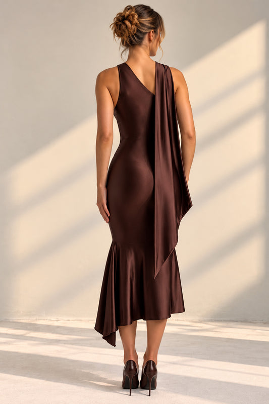 Shaya | Drape Halter Neck Satin High Waist Asymmetric Midi Dress