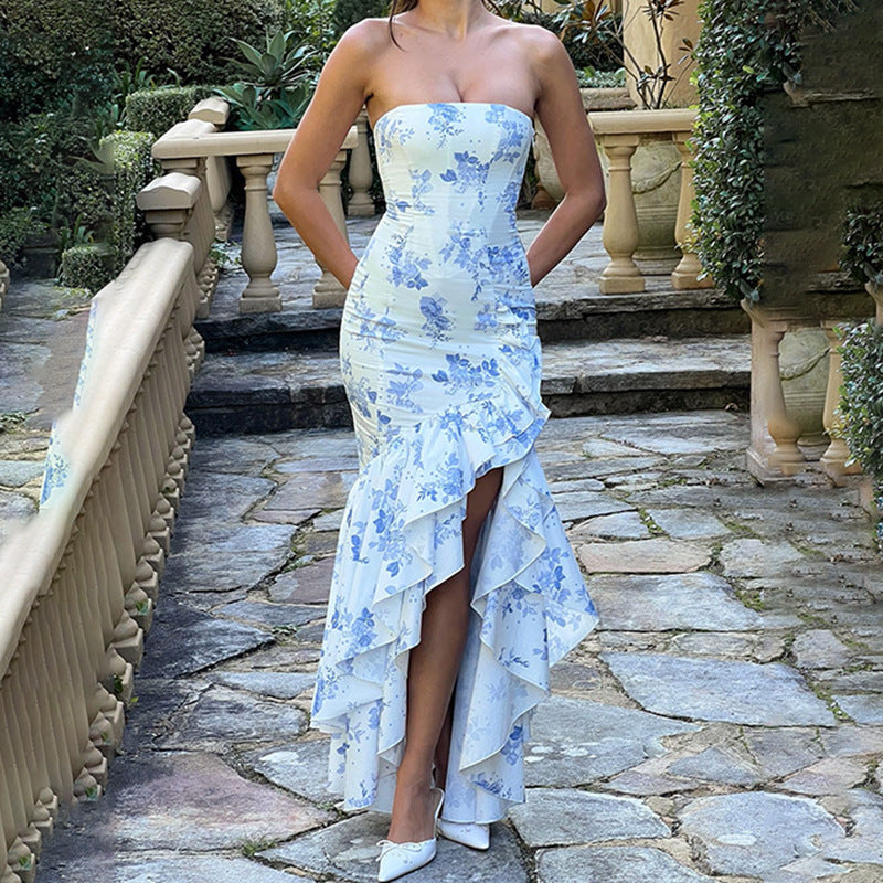 Floral Tube Top Dress with Ruffled Hem and Slit