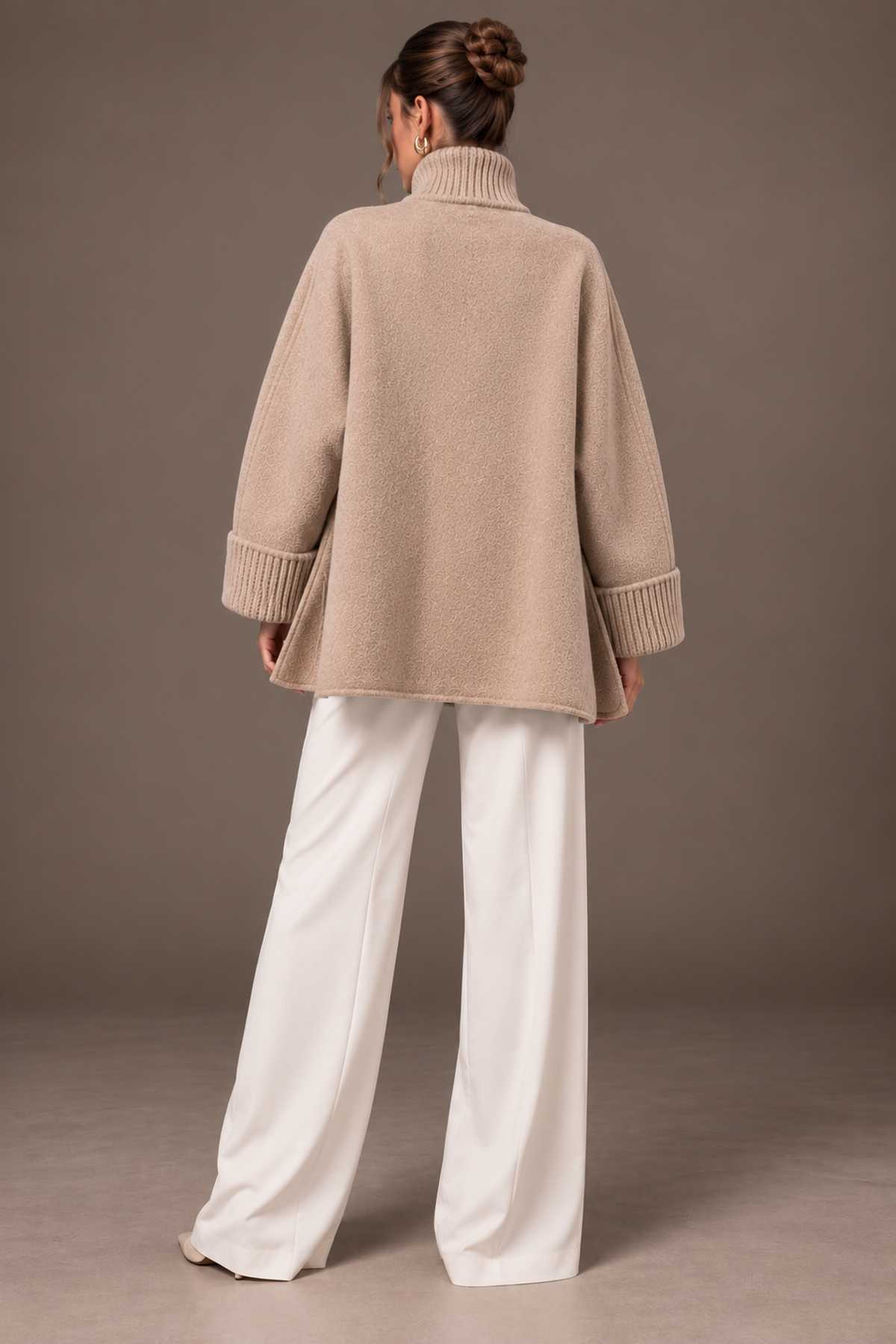 Beige Faux Fur Pocket Knit Cuff Stand Collar Cape Jacket Back View | Velvyra Paris