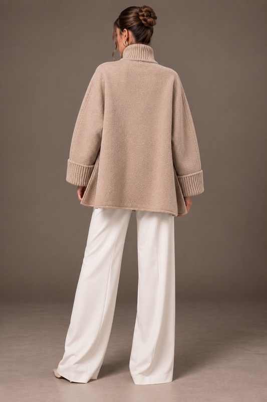 Beige Faux Fur Pocket Knit Cuff Stand Collar Cape Jacket Back View | Velvyra Paris