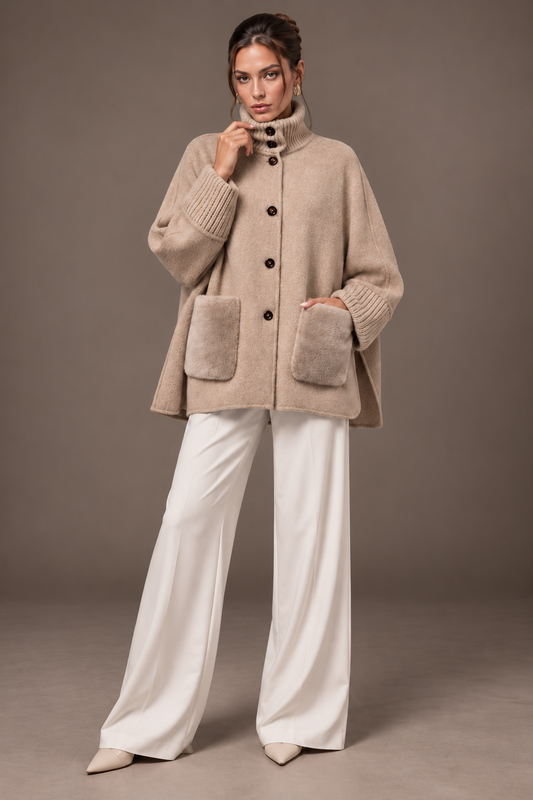 Beige Faux Fur Pocket Knit Cuff Stand Collar Cape Jacket | Velvyra Paris