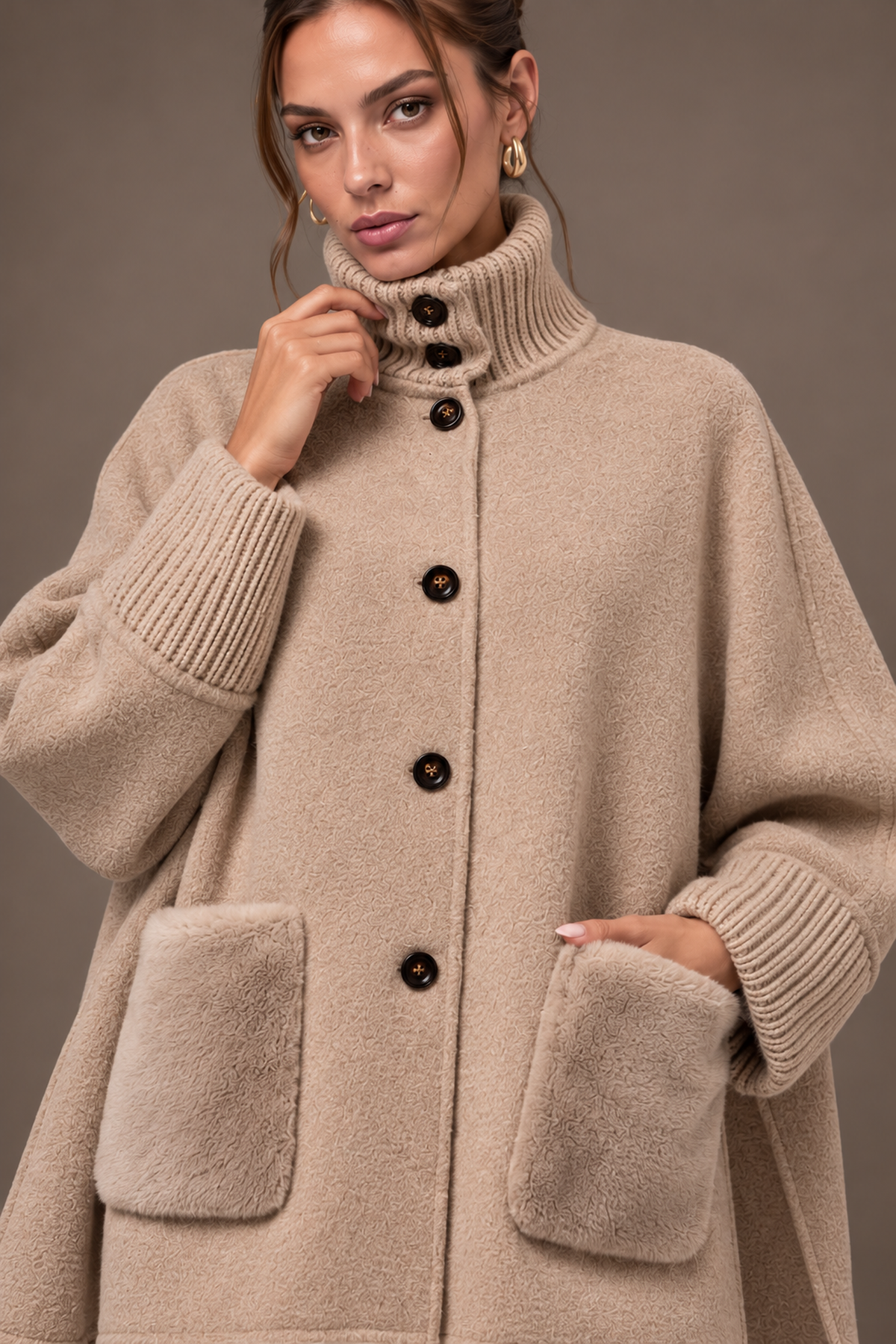 Beige Faux Fur Pocket Knit Cuff Stand Collar Cape Jacket Front Detail | Velvyra Paris