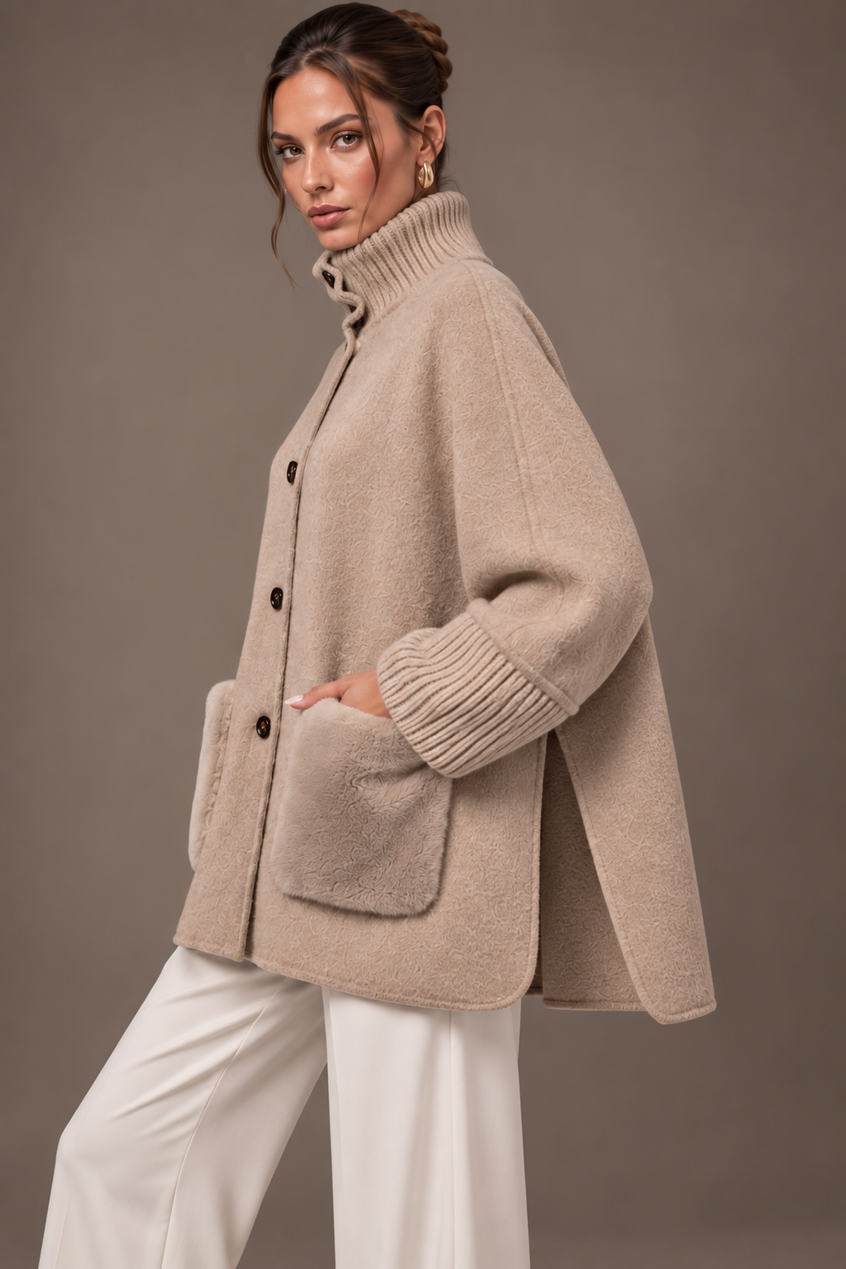 Beige Faux Fur Pocket Knit Cuff Stand Collar Cape Jacket Side Detail | Velvyra Paris