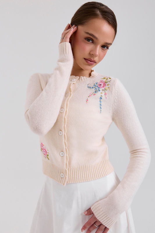 Apricot Cream Pink Blue Sage Floral Embroidered Scalloped Knit Cardigan | Velvyra Paris