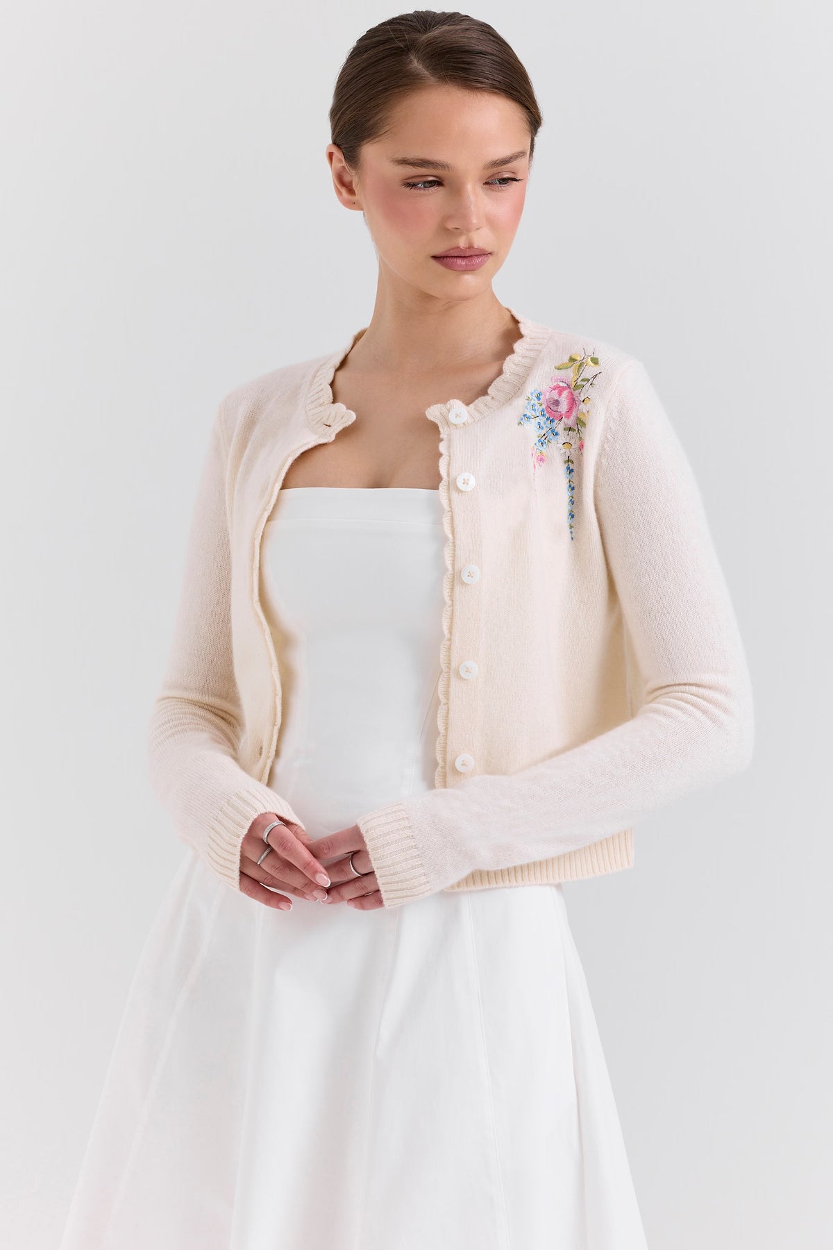 Apricot Cream Pink Blue Sage Floral Embroidered Scalloped Knit Cardigan View 3 | Velvyra Paris