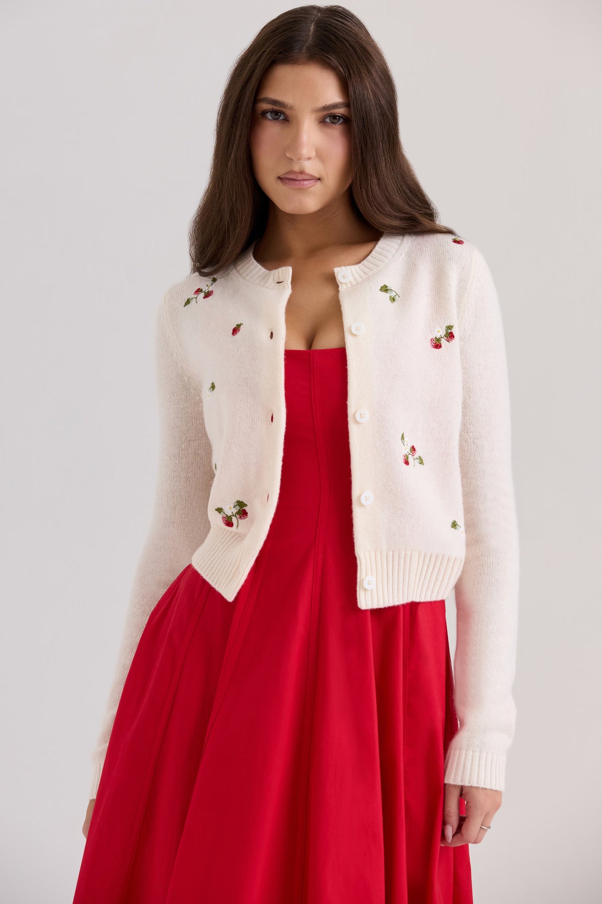 Cream Strawberry Embroidered Button Knit Cardigan Cropped | Velvyra Paris