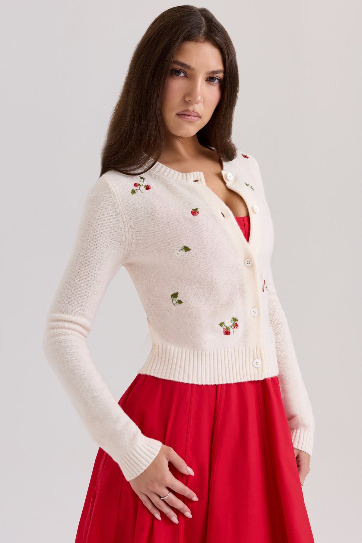 Cream Strawberry Embroidered Button Knit Cardigan Cropped View 3 | Velvyra Paris