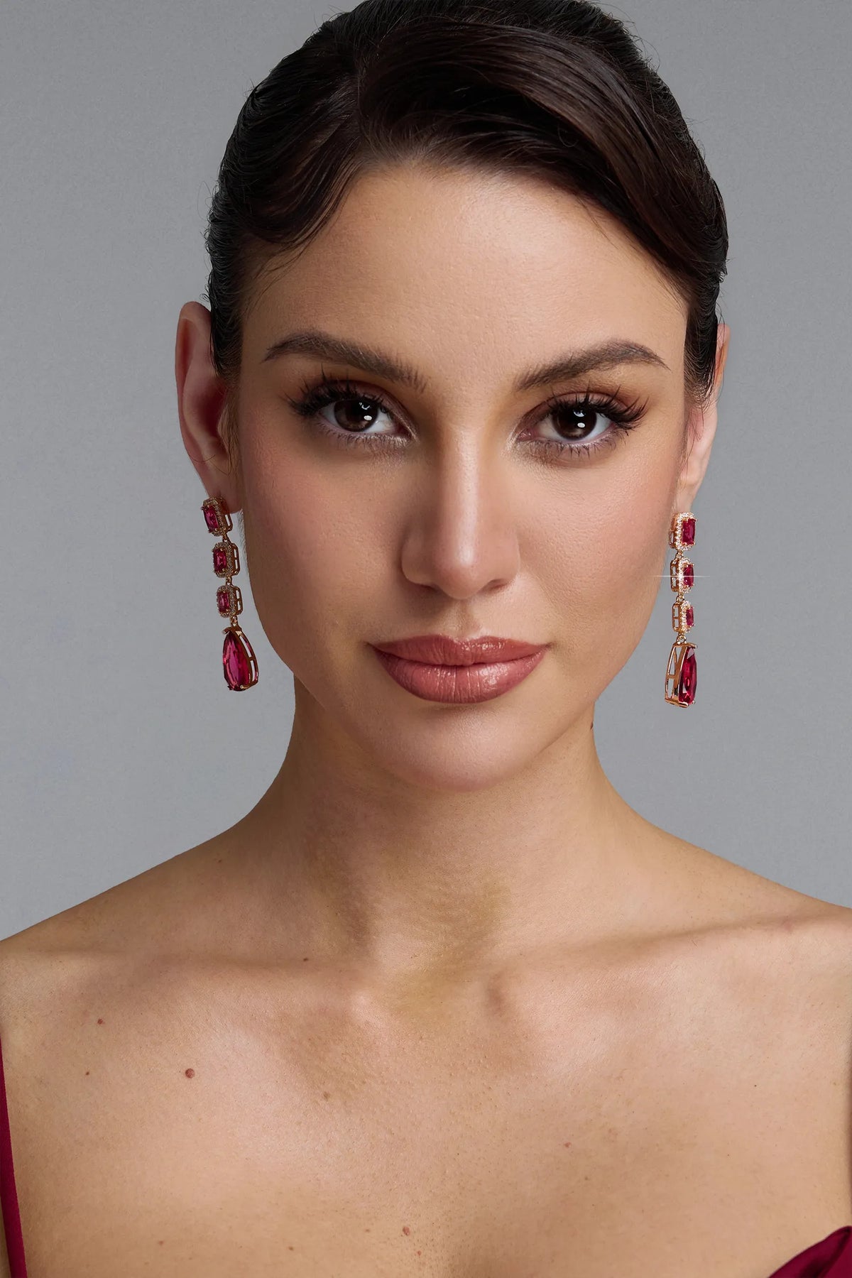 Shah | Ruby Crystal Square & Teardrop Long Drop Earrings
