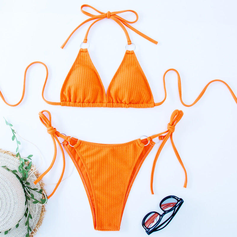 Conjunto de biquíni sexy de verão com amarração lateral e tanga estilo bandagem