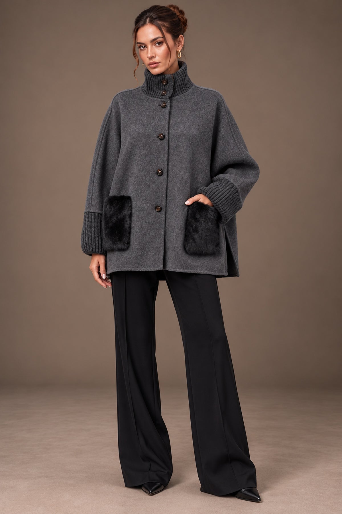 Anthracite Grey Faux Fur Pocket Knit Cuff Stand Collar Cape Jacket Front View | Velvyra Paris