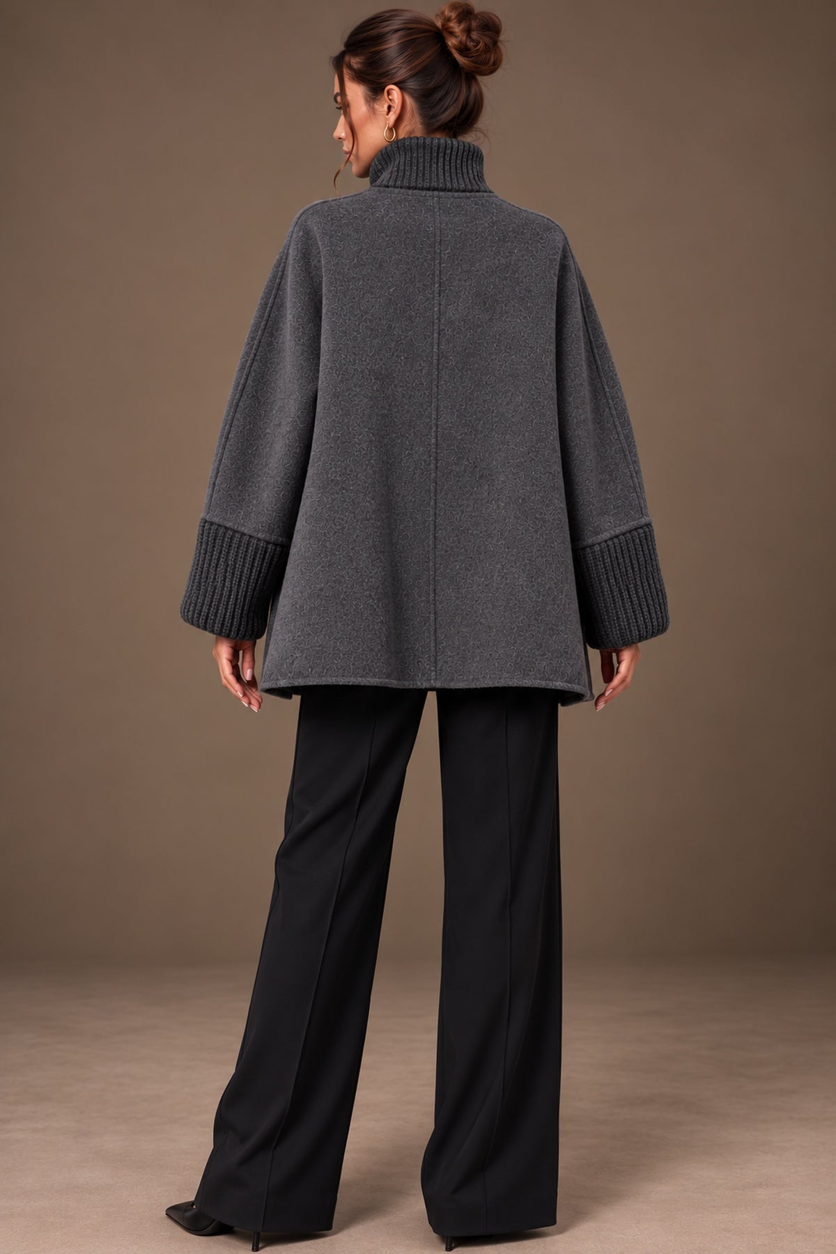 Anthracite Grey Faux Fur Pocket Knit Cuff Stand Collar Cape Jacket Back View | Velvyra Paris
