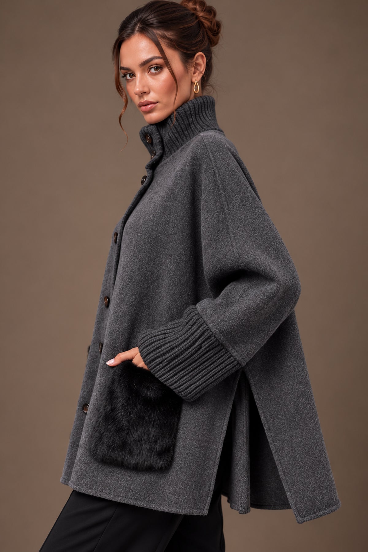 Anthracite Grey Faux Fur Pocket Knit Cuff Stand Collar Cape Jacket Side Detail | Velvyra Paris