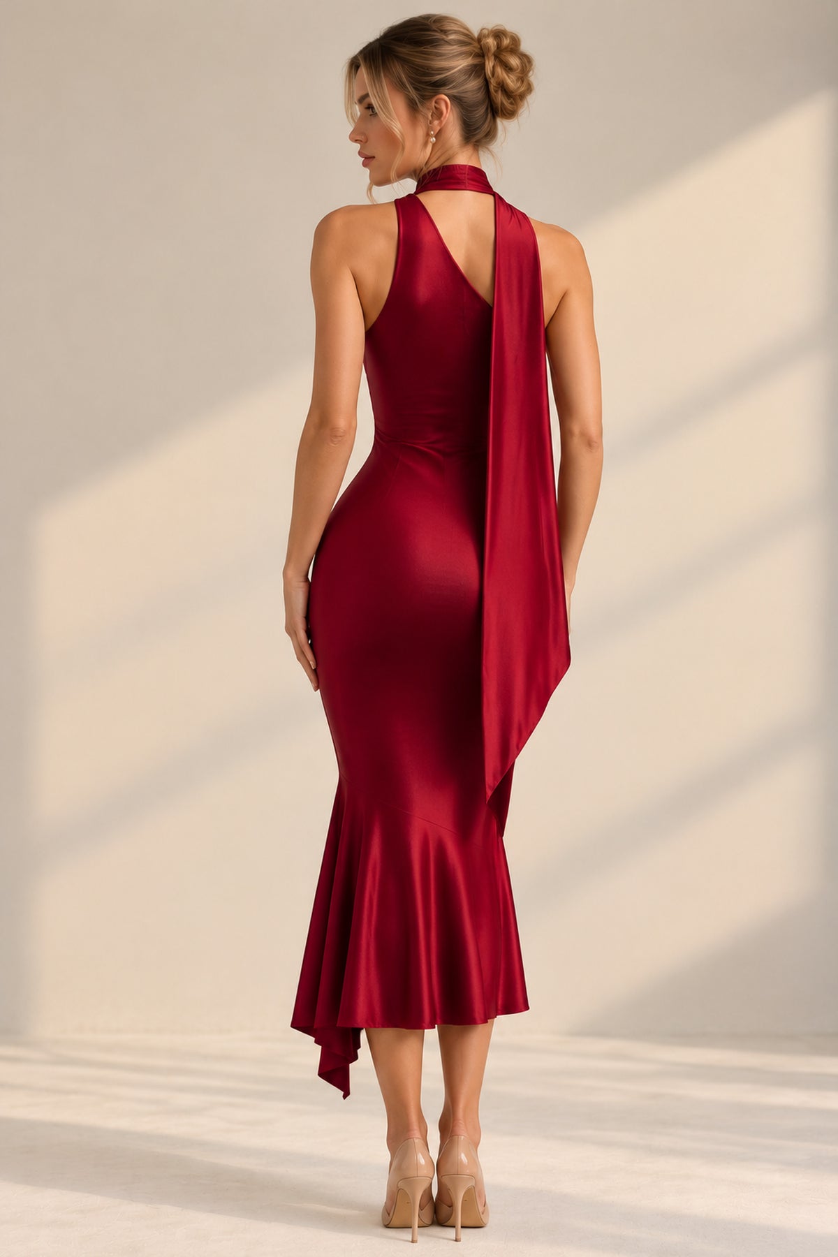 Shaya | Drape Halter Neck Satin High Waist Asymmetric Midi Dress